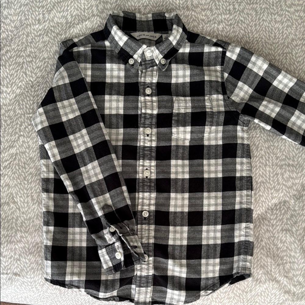 Janie and Jack Boys Black & White Plaid Button-Up Shirt Size 5